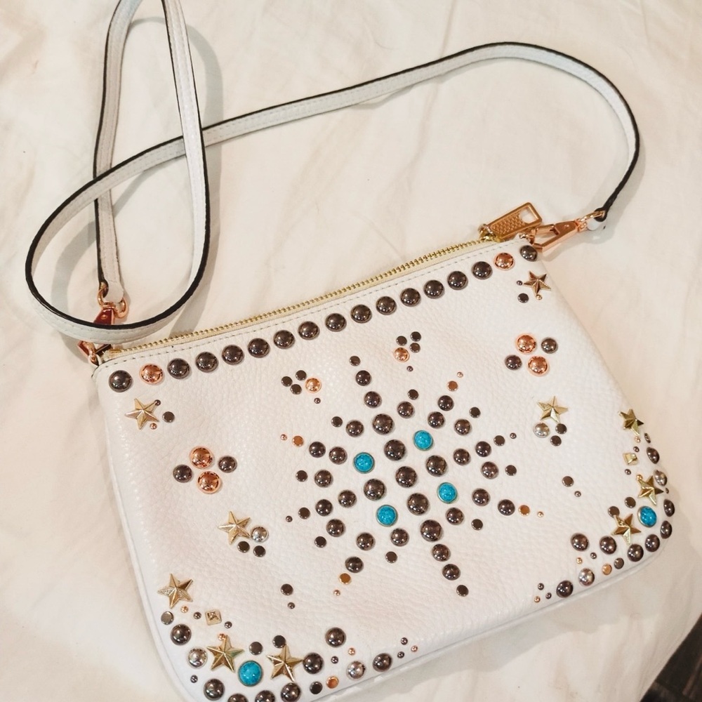 White Studded Crossbody Bag with Turquoise and Gold Accents